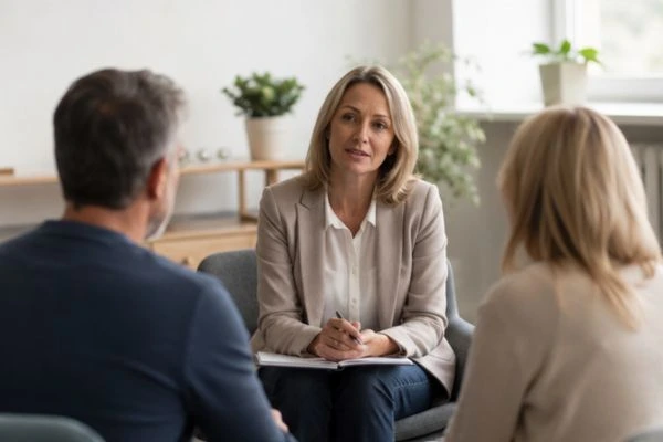 Couple discussing financial arrangement , pensions in divorce Isle of Wight